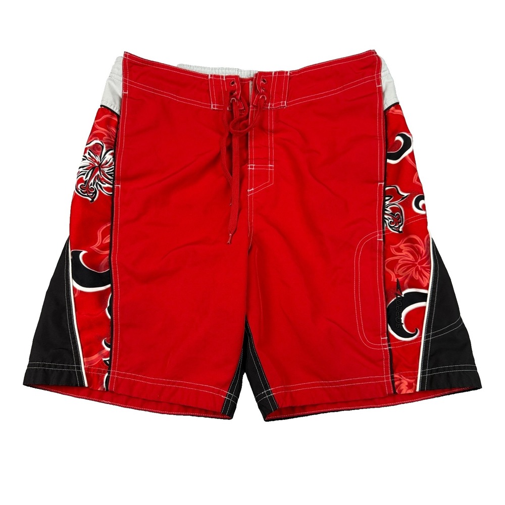 Speedo Board Shorts Mens M Red Floral Swim Trunks Surf Lace Up Zip Pocket Lined